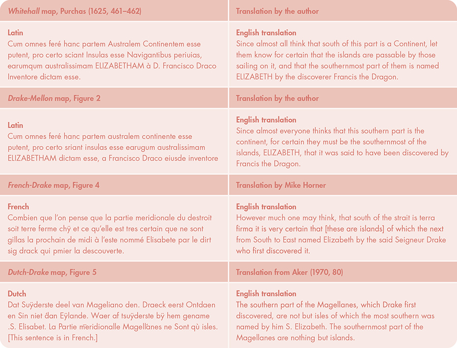Table 1. Comparison of texts on the Whitehall, Drake-Mellon, French-Drake, and Dutch-Drake maps.