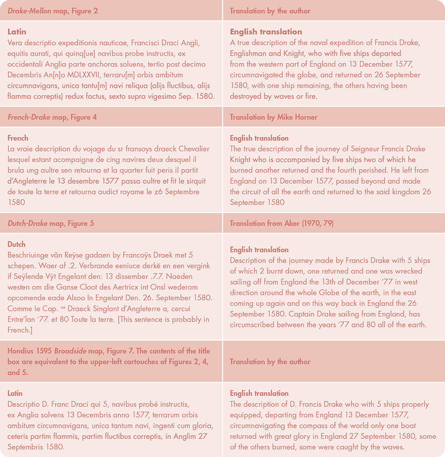 Table 2. Comparison of texts in the upper-left cartouches of the Drake-Mellon, French-Drake, and Dutch-Drake maps and the title box of the Broadside map.