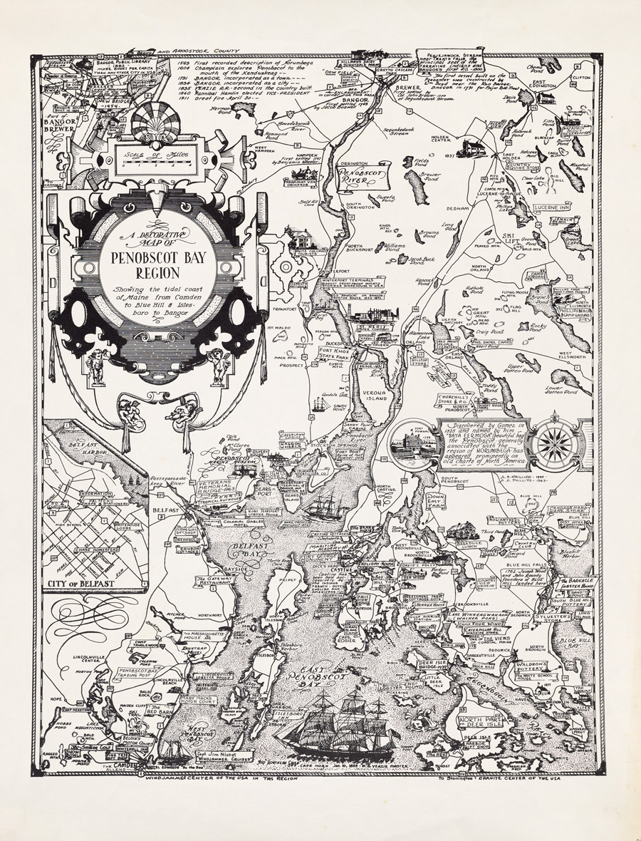 Figure 3. A Decorative Map of Penobscot Bay Region. Luther Phillips, 1940. Courtesy of the Penobscot Marine Museum.