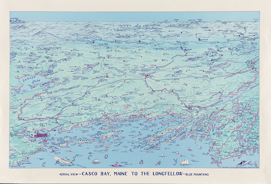Figure 10. Aerial View — Casco Bay, Maine to the Longfellow — Blue Mountains. Augustus Phillips, 1971. Courtesy of Penobscot Marine Museum.