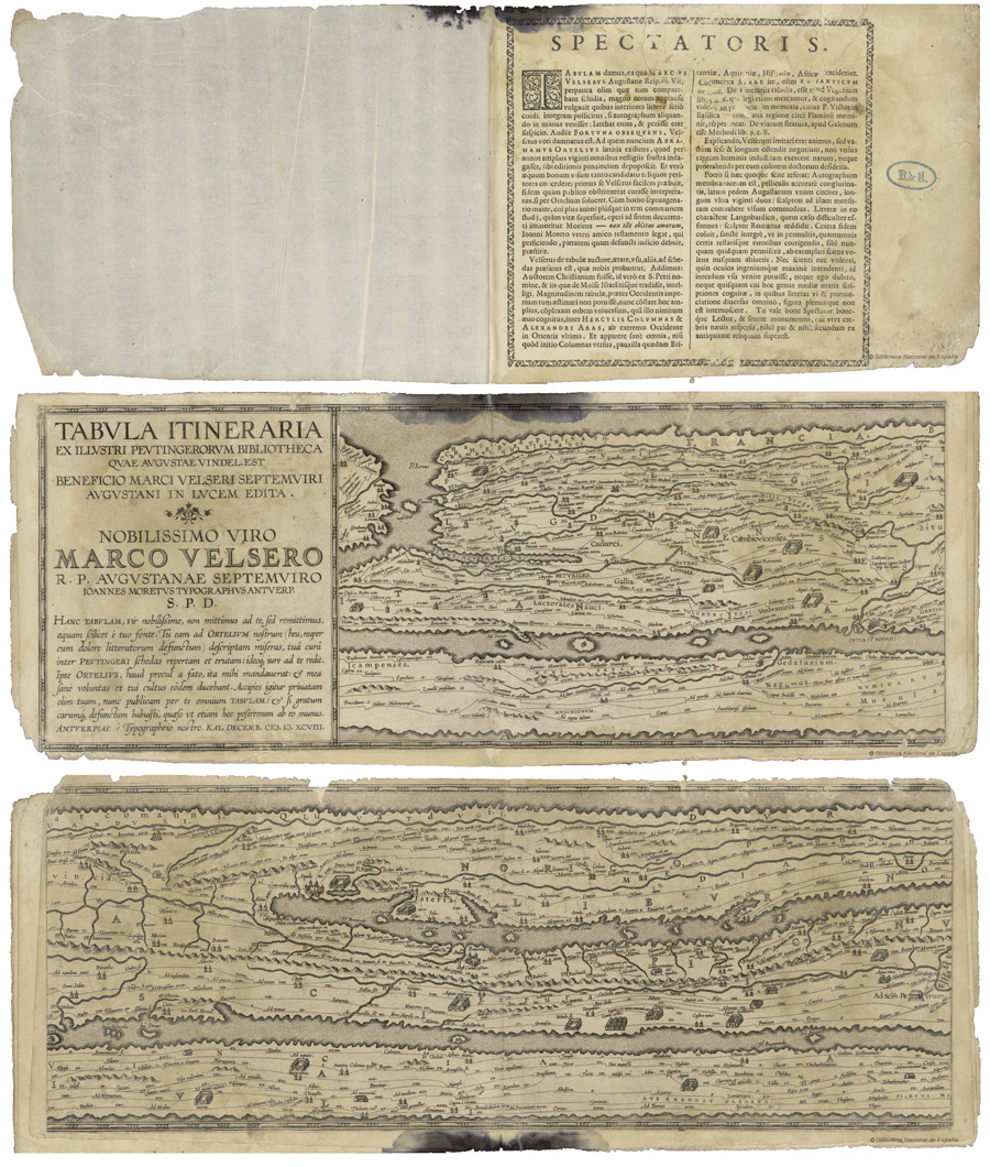 Figure 1. Marcus Welser, Tabvla itineraria ex illvstri Pevtingerorum bibliotheca quae Augustae vindel. est (Antwerp: Johannes Moretus, 1598), address to the reader and segments A and C of this half-size facsimile of the “Peutinger map” in eight sheets. In this instance, segment C was originally bound upside down; at some point it was inverted and rebound as the second sheet in sequence. Welser called the original map a tabula, i.e., parchment stretched on a frame or attached to a wooden tablet, not a “table” as the word has been persistently mistranslated (Talbert 2010, 3). Letterpress and two copper engravings, each 18.5 × 51 cm. Courtesy of the Biblioteca nacional España (GMM/1190); online at bdh.bne.es/bnesearch/Inicio.do.