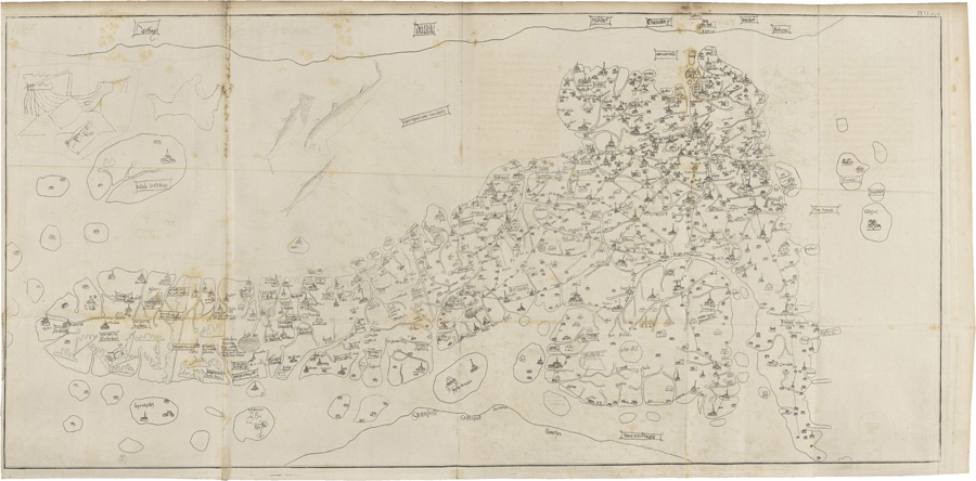 Figure 2. Untitled facsimile of a unique medieval map of Britain, first drawn ca. 1400, in Richard Gough’s British Topography (1780a, 1: pl. vi, opp. 1:76). For the history of the “Gough map” (now at the Bodleian Library, MS Gough Gen. Top. 16) and its nine facsimile reproductions, of which this is the first, see Delano Smith et al. (2017). Copper engraving, 32 × 67 cm. Courtesy of the Osher Map Library and Smith Center for Cartographic Education, University of Southern Maine (Osher Collection 7420).