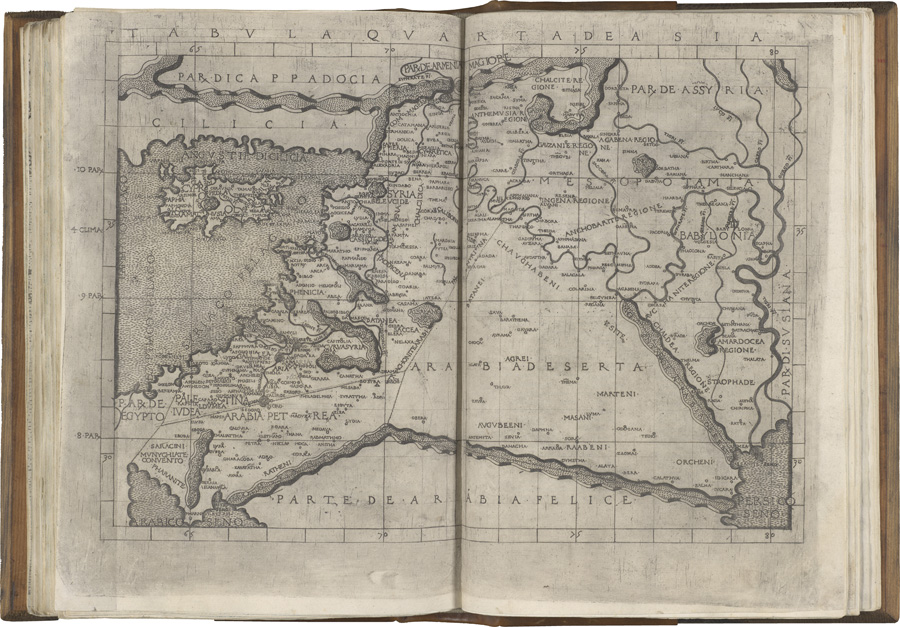 Figure 3. Francesco Berlinghieri, Tabvla qvarta de Asia, in his Geographia (1482). The twenty-six regional “Ptolemaic” maps follow the structure—ten maps of Europe, four of Africa, twelve of Asia—of the medieval Byzantine text that was the exemplar for Renaissance Latin editions of Ptolemy’s Geography. Copper engraving, 33.5 × 48.5 cm (printed area). Courtesy of the Osher Map Library and Smith Center for Cartographic Education, University of Southern Maine (Osher Collection); online at oshermaps.org/map/7323.0144.