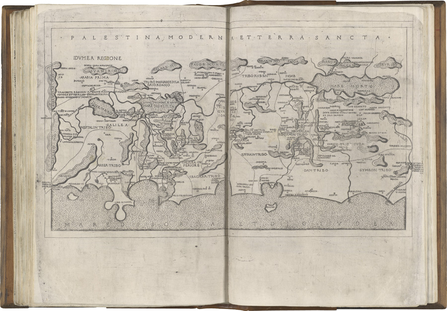 Figure 4. Francesco Berlinghieri, Palestina moderna et Terra Sancta<em>, one of four tabulae modernae<em> Berlinghieri added to his Geographia<em> (1482). Although lacking the characteristic grid, this map, oriented with east at the top, is derived from one of a series of gridded maps first prepared in Pietro Vesconte’s workshop for Marino Sanudo’s Liber secretorum<em> (Book of Secrets, 1320), an appeal for a new Crusade, reduced from Burchard of Mount Sion’s ca. 1300 map of the Holy Land (Harvey 2012, 107–27, esp. 112, 114). Copper engraving, 28 × 48.5 cm. Courtesy of the Osher Map Library and Smith Center for Cartographic Education, University of Southern Maine (Osher Collection); online at oshermaps.org/map/7323.0148.