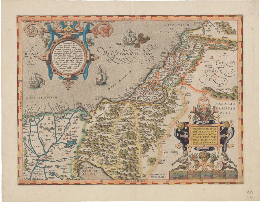 Figure 5. Abraham Ortelius, Palaestinae sive totivs terræ promissionis nova descriptio<em>, in Parergon, sive veteris geograpiæ aliqvot tabvlæ<em> appended to his Theatrum orbis terrarum<em> (Antwerp, 1595). Ortelius based this analytic map on that of Biblical and Classical geography by Tilemann Stella (Karrow 1993, 500–3). A few contemporary toponyms appear in ornate, cursive script; contemporary geographical knowledge still angled the coastline to the northeast. Hand-colored copper engraving, 34 × 45 cm. Courtesy of Yale University Libraries (BRBL_00278); online at collections.library.yale.edu/catalog/15506345.