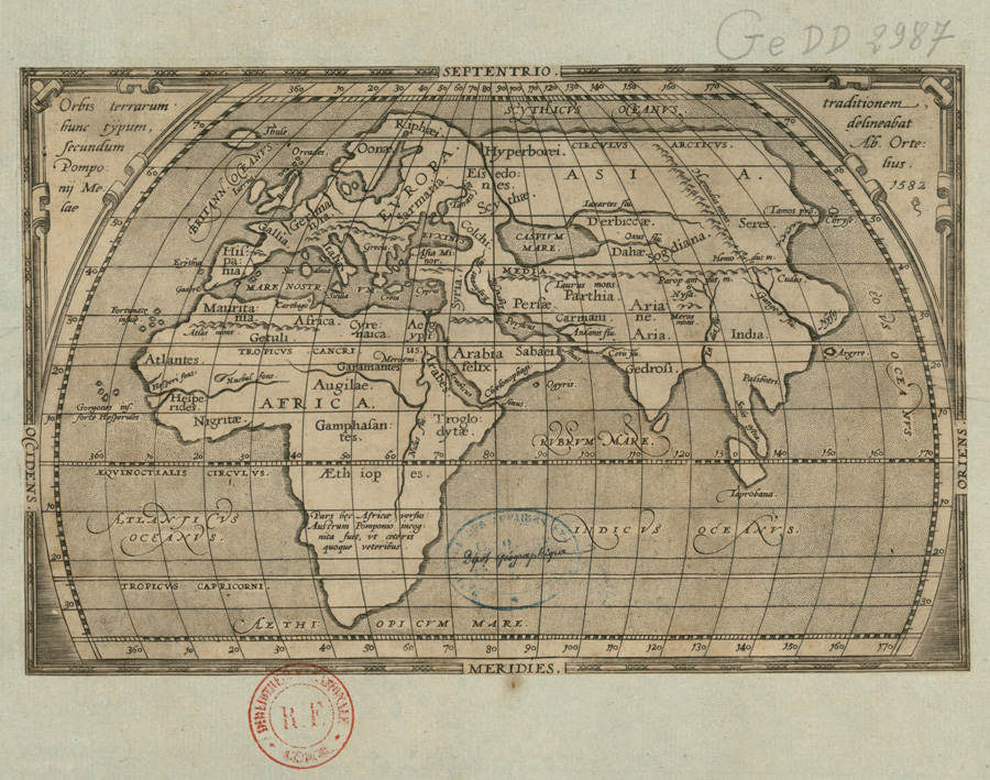 Figure 6. Abraham Ortelius, Orbis terrarum hunc typum, secundum Pomponij Melae traditionem, delineabat Ab. Ortelius 1582 (Abraham Ortelius delineated this map of the world according to the tradition of Pomponius Mela, 1582), from Mela (1582). Bertius (1628, fol. 1v) misdated Schott’s edition to 1577. Copper engraving, 17 × 26.5 cm. Courtesy of the Bibliothèque nationale de France (Département des cartes et plans, GE DD-2987 (9691)); online at gallica.bnf.fr.