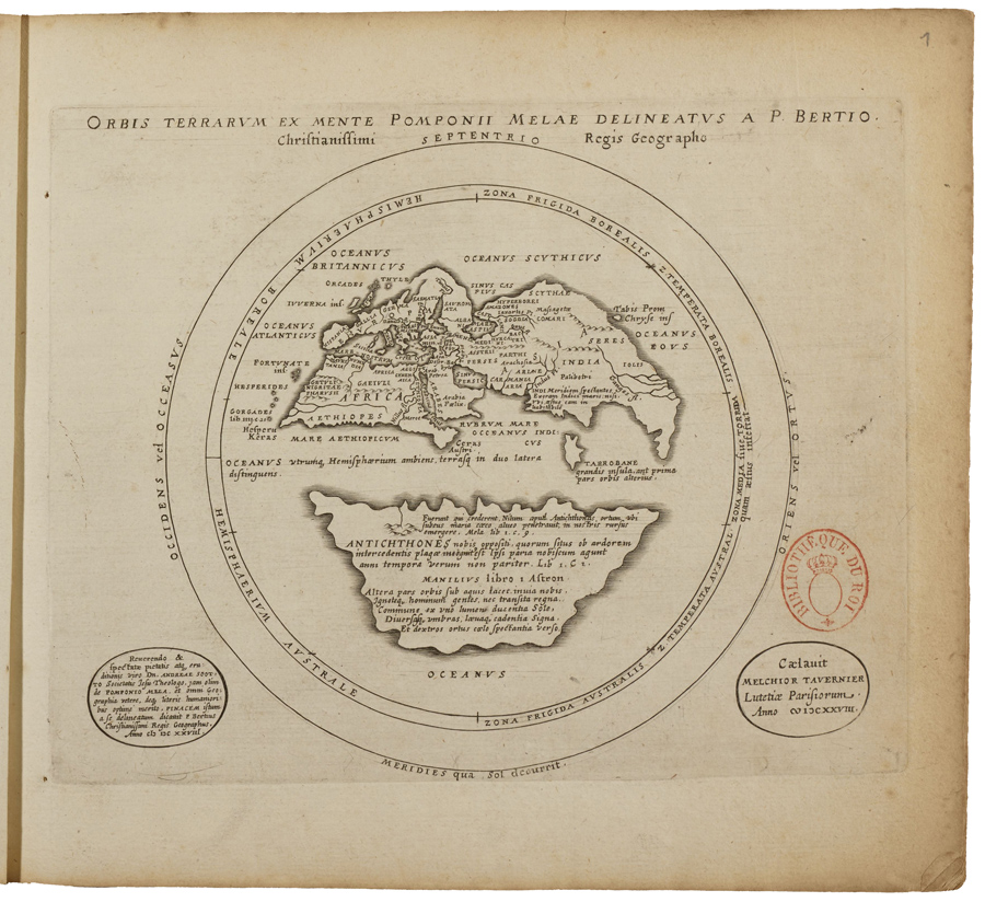 Figure 7. Petrus Bertius, Orbis terrarvm ex mente Pomponii Melae delineatvs a P. Bertio (World map from the mind of Pomponius Mela, drawn P. Bertius), in Bertius, Geographia vetus ex antiquis et melioris notae scriptoribus nuper collecta (1628, [map 1]). See Pastoureau (1984, 65–66), Shirley (2001, no. 321). Copper engraving, 13.5 × 15 cm. Courtesy of the Bibliothèque nationale de France; online at gallic.bnf.fr (Département des cartes et plans, GE FF-8132). 