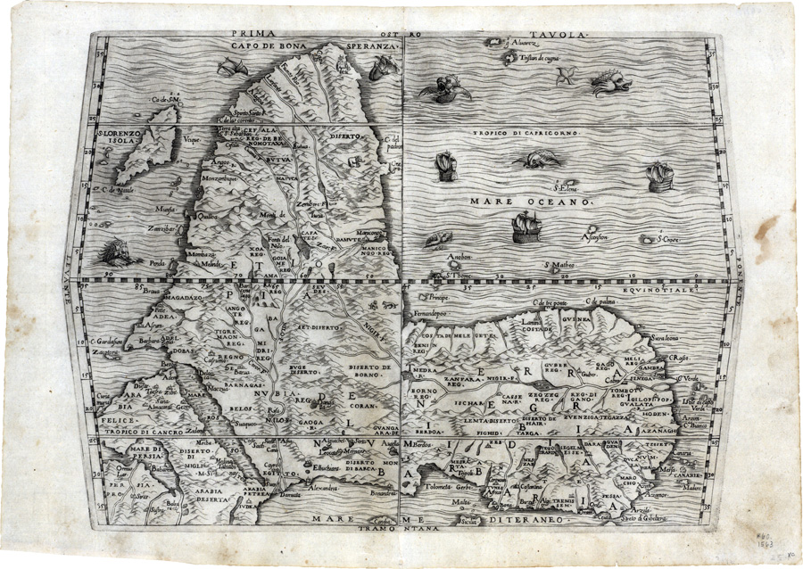 Figure 8. Figure 8. Giacomo Gastaldi, Prima tavola, from the third edition (1563) of volume one of Giovanni Battista Ramusio’s Della navigationi et viaggi. Oriented with south at the top. See Karrow (1993, 30/73, 73.1), Betz (2007, nos. 4 and 7). Copperplate, 27.5 × 39 cm. Courtesy of Yale University Library (60 1563); online at digital.library.yale.edu/catalog/15512924.