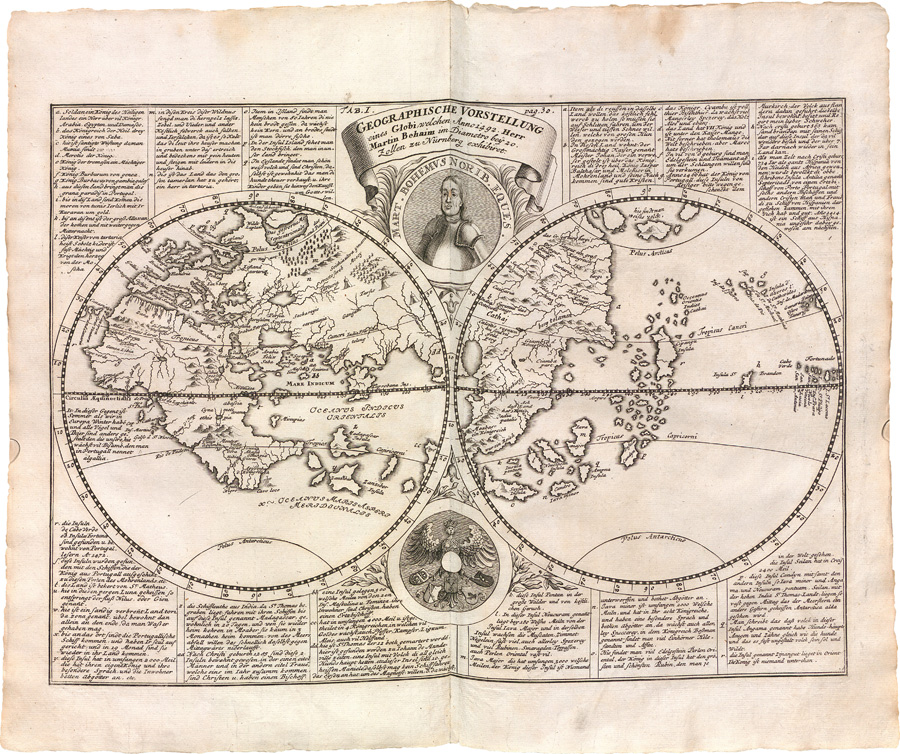 Figure 9. Geographische Vorstellung eines Globi, welchen Anno 1492. Herr Martin Behaim in Diametro beÿ 20. Zollen zu Nürnberg exhibiret, pl. 1 in Johann Gabriel Doppelmayr’s (1730, 27–31, esp. 30) biography of Martin Behaim. Copper engraving, 30 × 41 cm. Courtesy of the Bayerische Staatsbibliothek (Hbks/M 25-1/2, Taf. 1); online at www.digitale-sammlungen.de/en/view/bsb00083403.