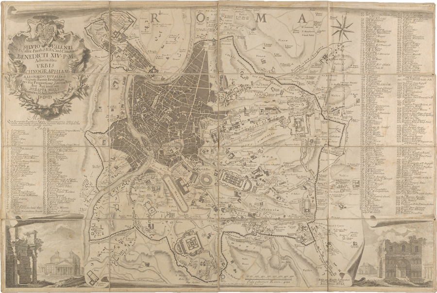 Figure 10. Giovanni Battista Nolli’s reduced facsimile of Leonardo Bufalini’s woodcut plan of Rome, in twenty-four sheets, published in 1551: Carlo Nolli and Francesco Monaco, . . .Vrbis Ichnographiam a Leonardo Bufalino Ligneis formis Evulgatam Servata Proportione. . . (Rome: Giovanni Battista Nolli, 1748). This reproduction made widely known Bufalini’s large map that today survives in just two complete sets and one partial set, all of the 1560 reissue (see Maier 2007; Maier 2015, 77–118). Copper etching and engraving, 46.5 × 69.5 cm. Courtesy of the Metropolitan Museum of Art, New York (Gift of A. Hyatt Mayor, 1977; acc. 1977.661.2); online at www.metmuseum.org/art/collection/search/358826.