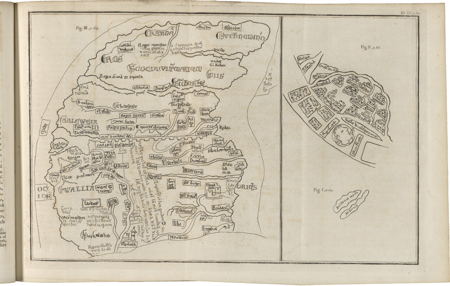 Figure 11. Richard Gough, facsimiles of Britain on three medieval English maps, in his British Topography (1780a, 1: pl. iii, opp. 1:64). LOWER RIGHT Fig. 1: from the twelfth-century mappamundi now known as the Sawley Map (Corpus Christi College, Cambridge, MS 66.1) (see Harvey 1997; Hiatt 2019). UPPER RIGHT Fig. 2: from the fourteenth-century mappamundi in Ranulf Higden, “Polychronicon” (British Library, MS Royal 14.C.ix, fols. 1v–2r). LEFT Fig. 3: the surviving northern half of the thirteenth-century map of Britain in Matthew Paris, “Chronica maiora” (Corpus Christi College, Cambridge, MS 16, fol. vv) (see Harvey 1992, map B). Copper engraving, 24 × 37 cm. Courtesy of the Osher Map Library and Smith Center for Cartographic Education, University of Southern Maine (Osher Collection 7420).