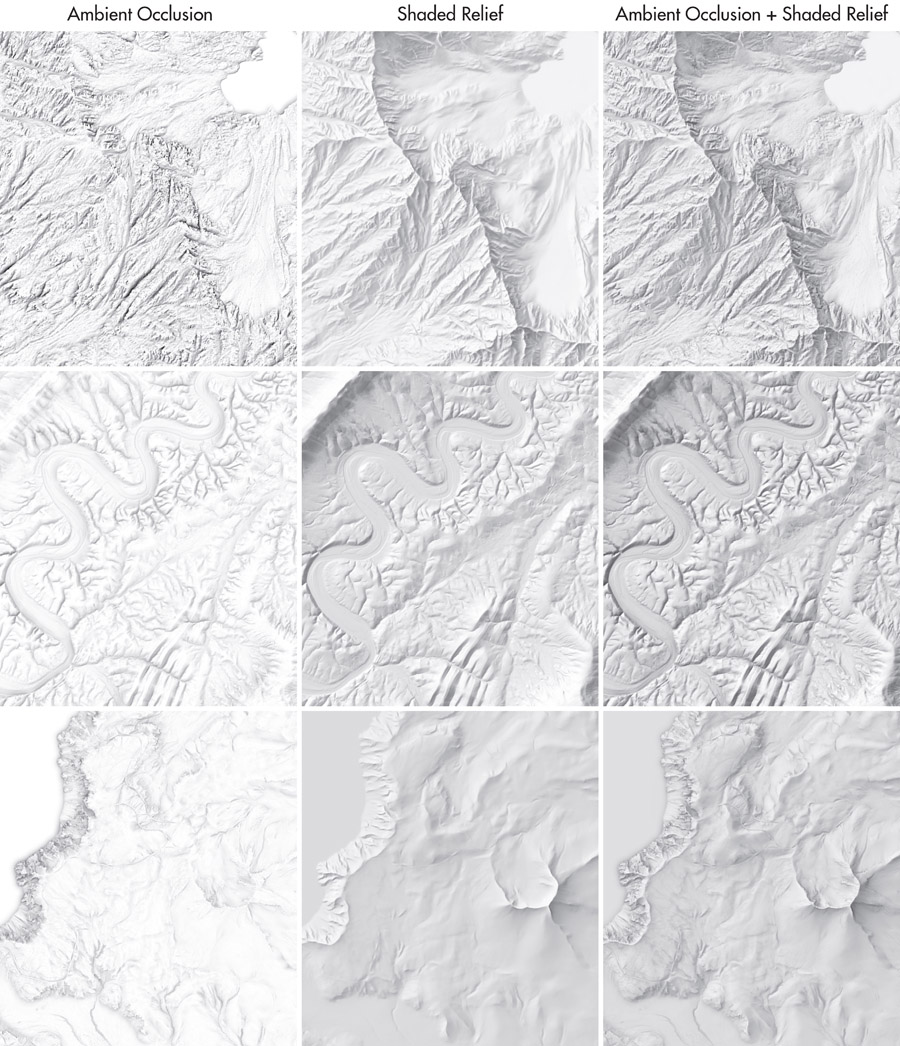 Figure 1. Ambient occlusion combined with shaded relief images. From top to bottom: Gore Range, Colorado (1 meter resolution); Massanutten, Virginia (10 meter); and Crater Lake, Oregon (3.3 meter). Elevation models from Kennelly et al. (2021).