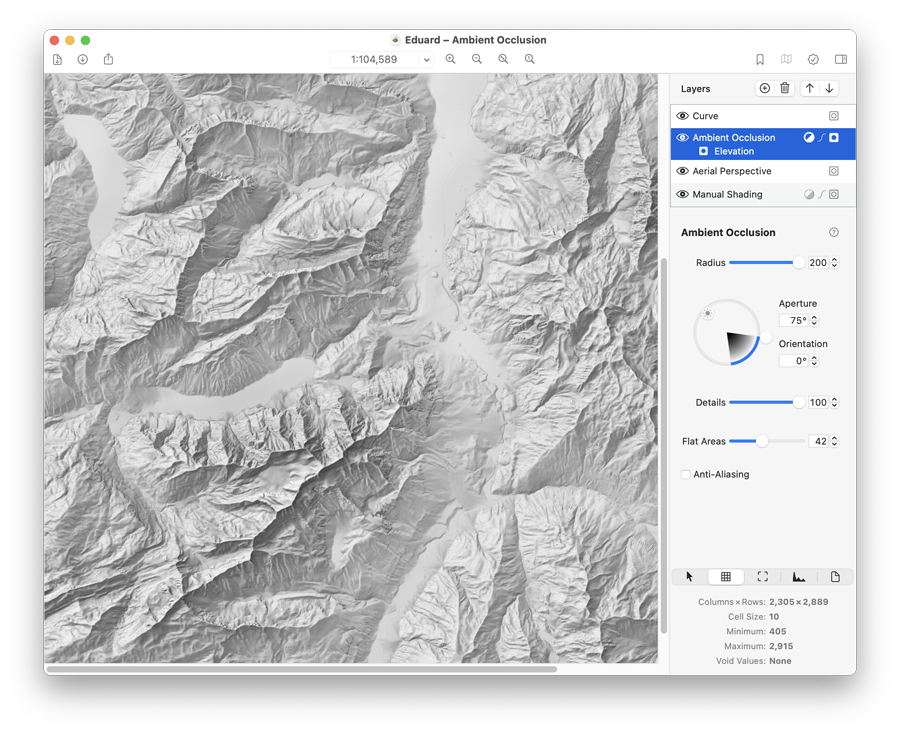 Figure 2. Rendering and combining ambient occlusion and shaded relief layers with Eduard. Adjustable ambient occlusion parameters include (in the sidebar on the right side) scan radius, aperture angle and direction for oriented ambient occlusion, amount of terrain details, reduction of ambient occlusion in flat areas to prevent dark valley bottoms, and anti-aliasing. swissALTI3D elevation model of Glarus by swisstopo downsampled to 10-meter resolution.