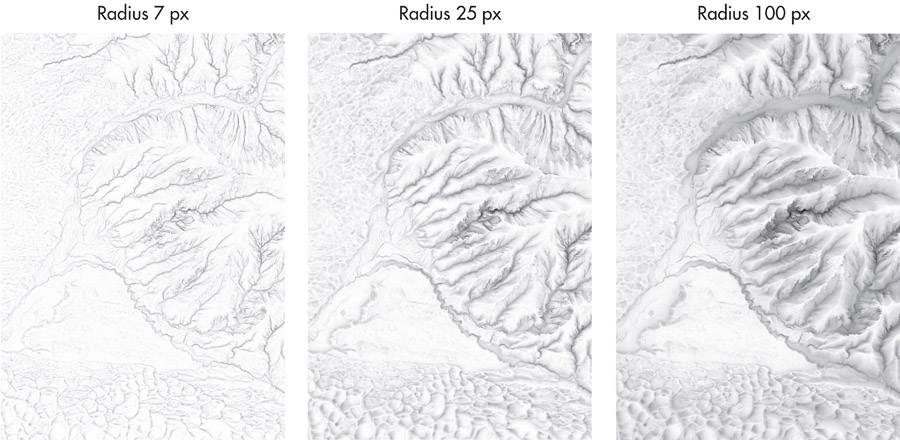 Figure 4. Ambient occlusion with a scan radius of 7 (left), 25 (middle), and 100 pixels (right). Great Sand Dunes, Colorado, 3.3-meter elevation model from Kennelly et al. (2021).
