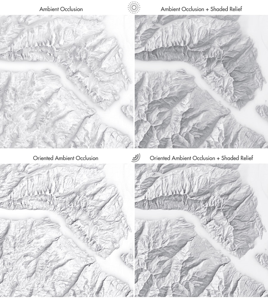 Figure 5. Ambient occlusion with a 360° scan angle (top row) and oriented ambient occlusion with a 135° scan angle with a northwest illumination orientation (bottom row). Ambient occlusion images are combined with a shaded relief (right column) with the multiply blending mode. A curves adjustment compensates for the darkening of the multiply blending mode. Churfirsten, Switzerland, 30-meter elevation model from Kennelly et al. (2021).