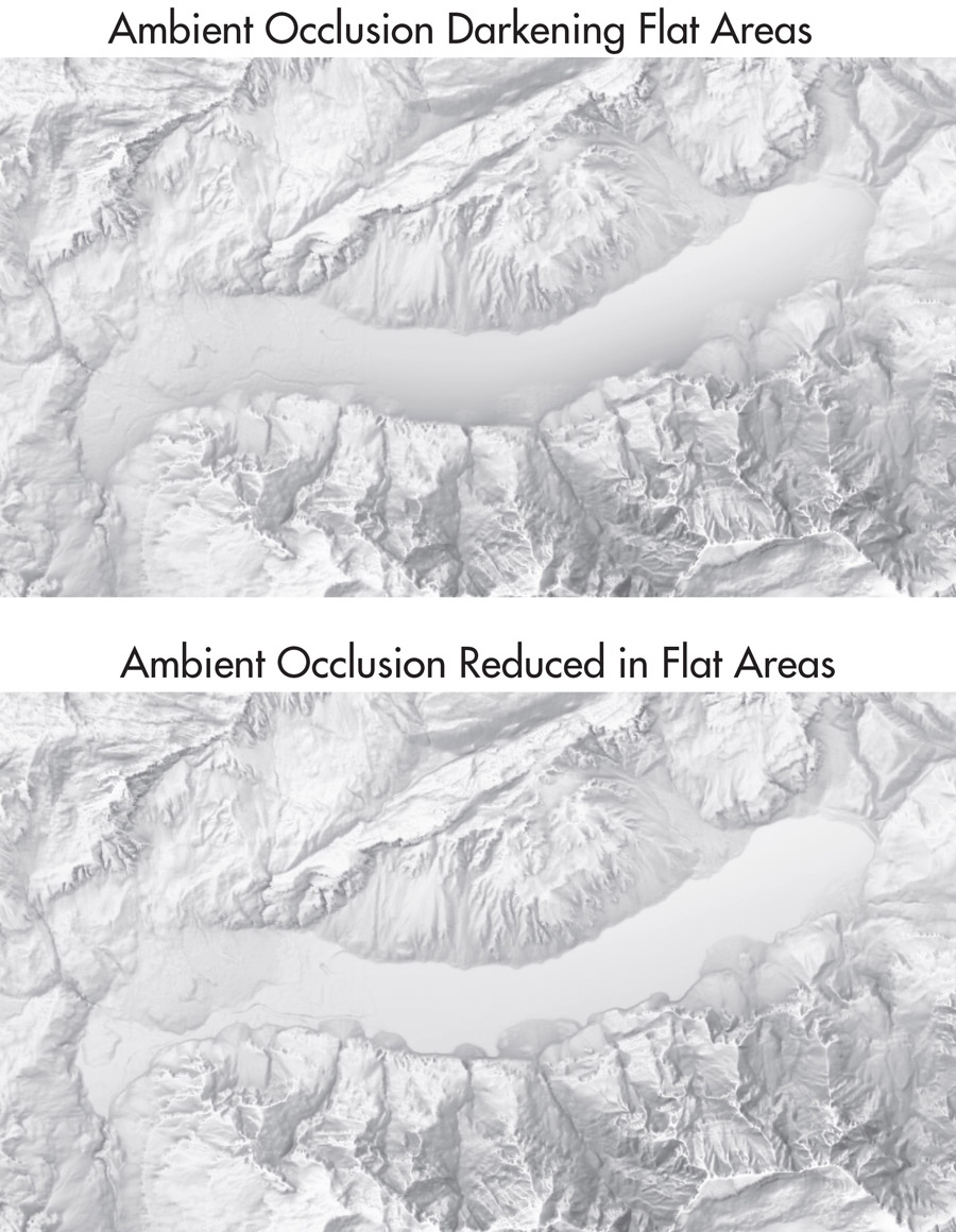 Figure 6. Ambient occlusion darkening a lake and a valley bottom (top); ambient occlusion reduced in flat areas (bottom). Scan radius r = 200 pixels, aperture angle 𝛼 = 200°. Klöntalersee, Switzerland, swissALTI3D elevation model by swisstopo downsampled to a 10-meter resolution.
