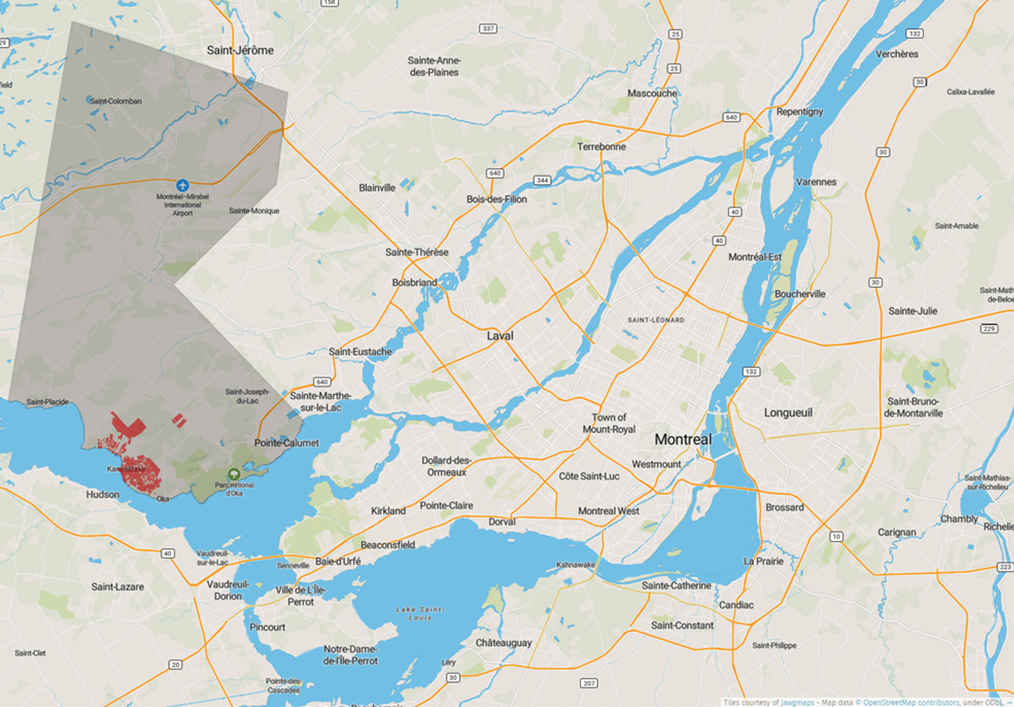 Figure 1. In grey, the 540 km2 of land granted by the King of France in 1735 to the Sulpician priests to hold in trust for the Kanehsata’kehró:non. In red, the 2% of that land left to the Kanehsata’kehró:non.