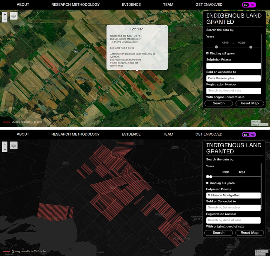 Figure 5. The example above shows the six lots attributed to Pierre Brazeau, lot 137 among them. The example below shows the 243 lots the Sulpician priest Etienne Montgolfier distributed to settlers from 1780 to 1791.