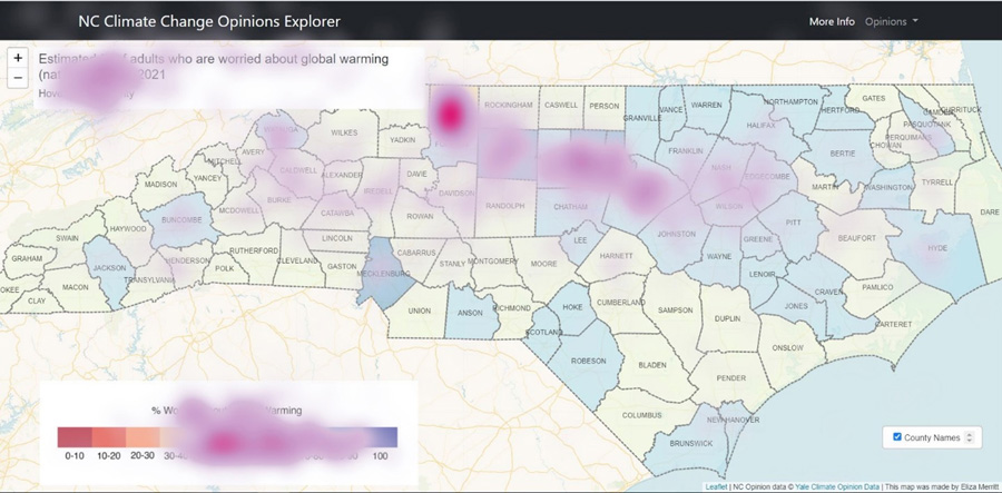 Figure 6. Heat maps depicting the visual attention patterns of participants when viewing the estimated percentages of adults who are worried about global warming. Color presence indicates a fixation, while durations are symbolized sequentially from light purple (shorter) to dark red (longer).