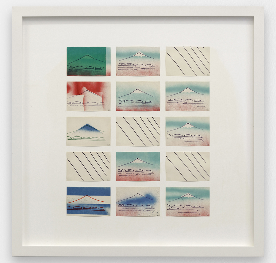 Sequence from Fuji, 1974. 15 cartons de 10 × 15 cm. Crayons couleur, peinture à la bombe. 79 × 79 cm. Courtesy: Kate Flax, gb agency, Paris