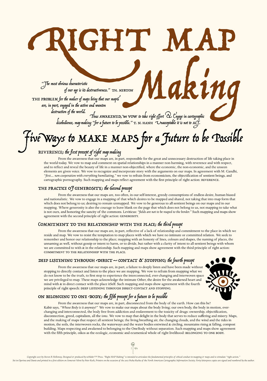 Figure 1. A desiderata for mapmakers. Steven Holloway’s 2007 broadside Right MAP Making: Five Ways to Make Maps for a Future to be Possible. Reproduced with author’s permission.