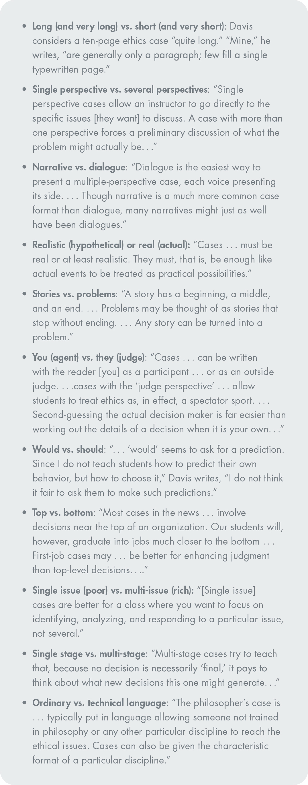 Table 1. Styles of practical ethics cases. Excerpted from Davis (1999, 149–158).