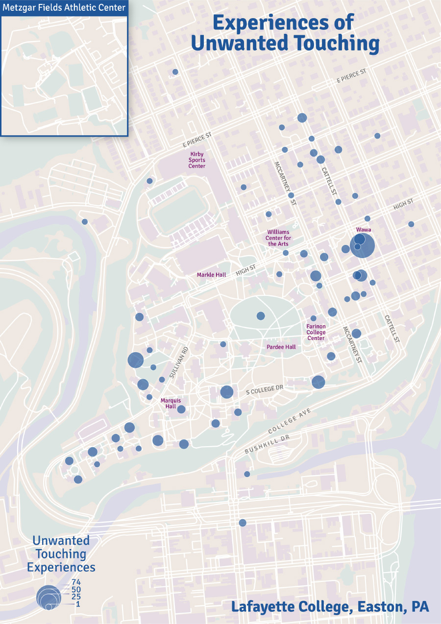 Figure 2. Individual map displaying one type of harm experience, unwanted touching