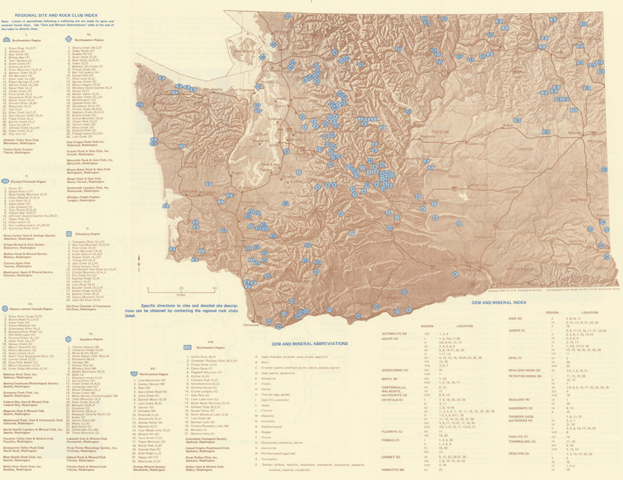 Figure 1. The 1985 WA DNR Gems and Minerals of Washington pamphlet by Bob Pattie. The point information on the map was used as the primary data set for the maps in the Minerals and Fossils in Washington StoryMap (Figure 2).