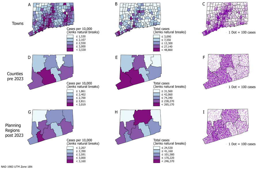 Figure 4. Prevalence of COVID-19 cases as of April 14, 2023, displayed with different symbolization methods and enumeration units.