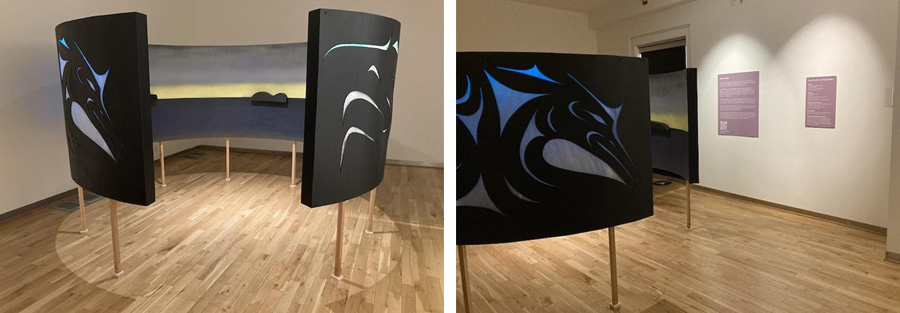 Figure 1. The Untitled ṮEṮÁĆES map, an early prototype to demonstrate our haptic map concept for SENĆOŦEN and English toponyms. This interactive map is a motion-activated art installation that speaks aloud place names in both languages. The above images show the map at Legacy Art Gallery in lək̓ʷəŋən (Lekwungen) territory/Victoria, BC, Canada, where it was shown from September 23–December 9, 2023 (photographs by the author, September 9, 2023).