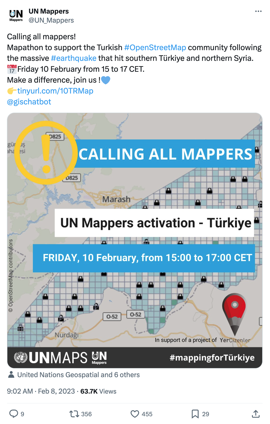 Figure 1. Call for a mapathon to aid the HOT OSM earthquake disaster relief efforts in Türkiye.