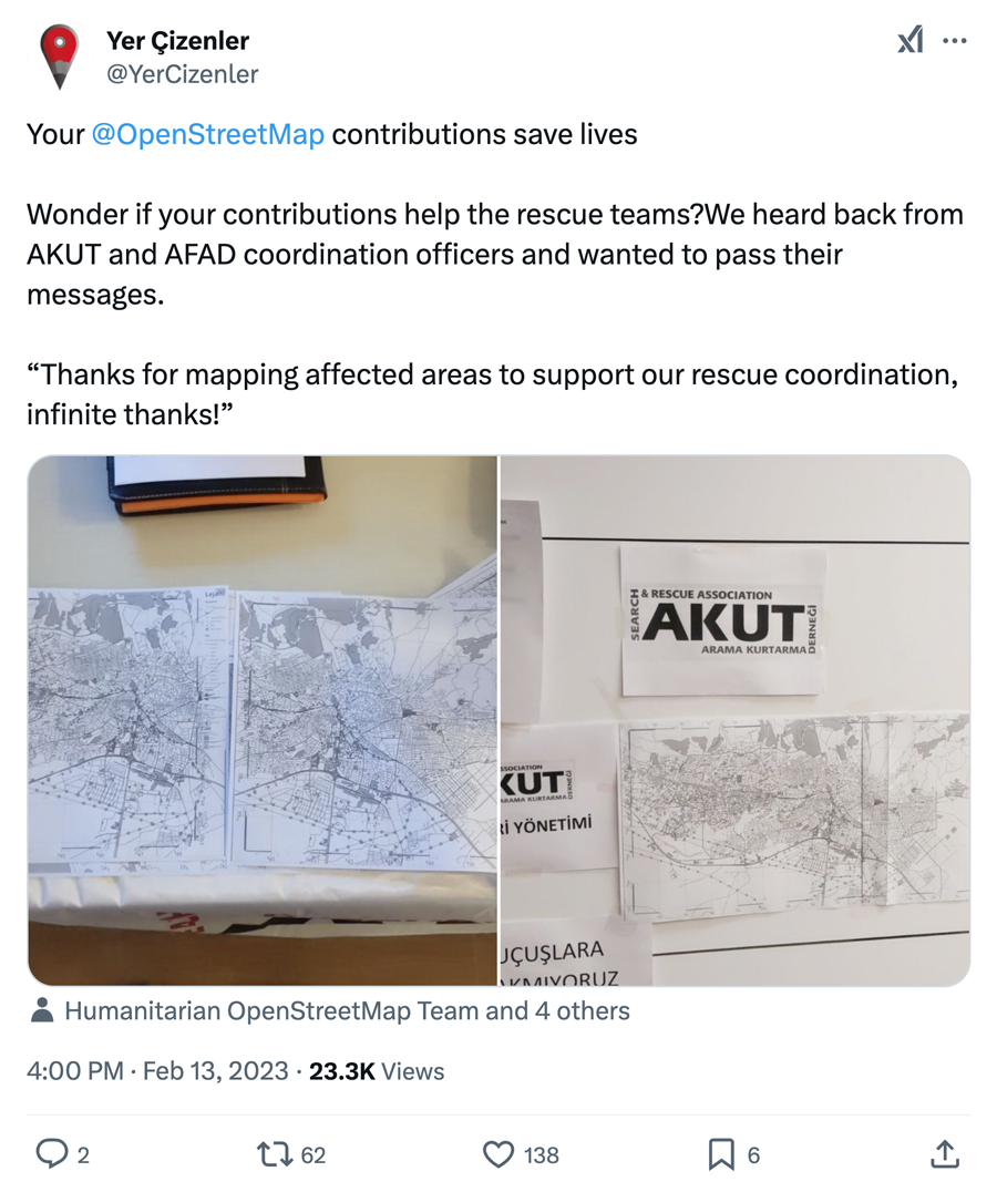 Figure 2. A tweet from Yer Çizenler shows two of our maps that were being used by AKUT.