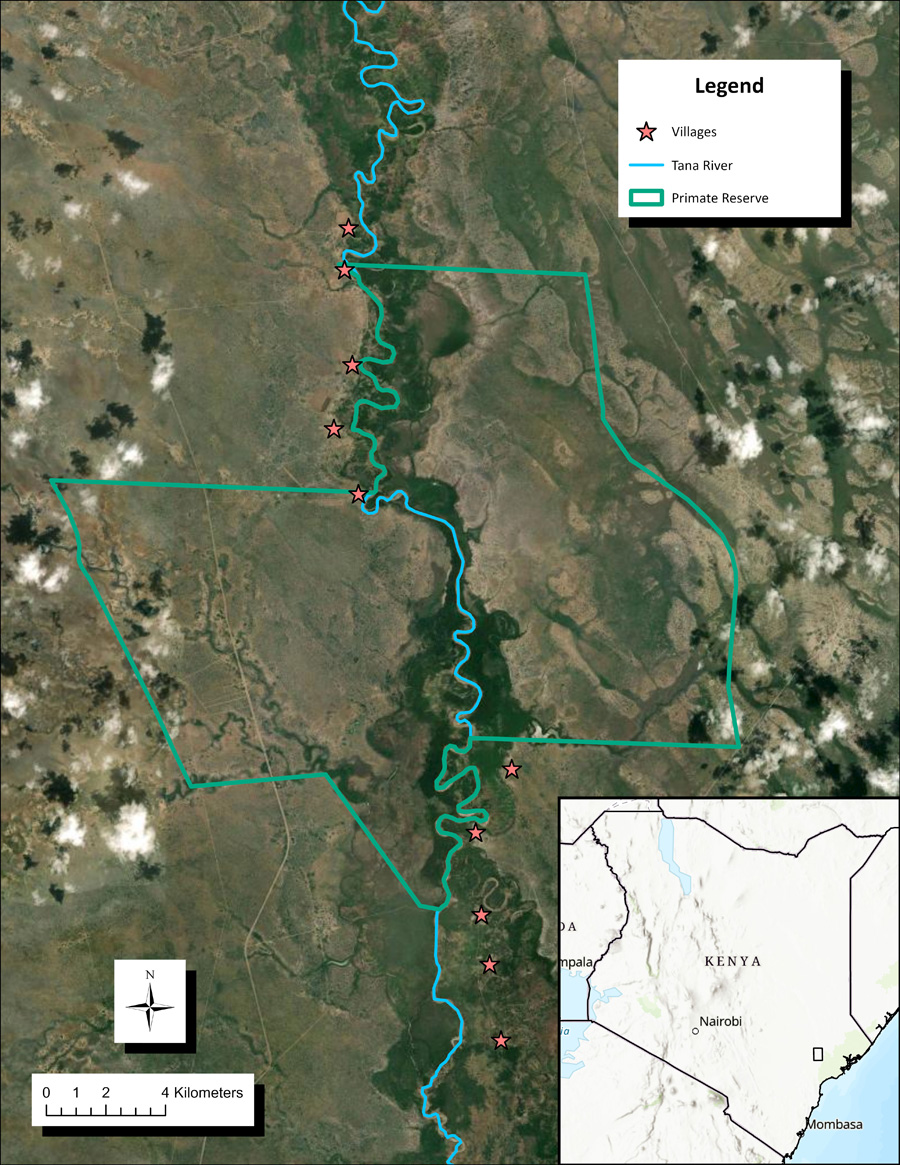 Figure 1. The area of interest is in the lower Tana River region, shown by the rectangle in the inset map. Selected village locations (shown with red stars), the Tana River Primate National Reserve (TRPNR) boundary (shown with a green line), and the Tana River (shown in blue) are depicted over recent satellite imagery. Map created by Susan Tang.