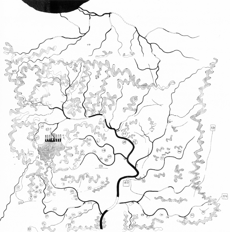Figure 2. Recreation of the Topography Diagram (Dixing tu), Western Han Dynasty, (206 BCE–9 CE), excavated from Mawangdui tomb 3. Original is ink and pigment on silk, 96 × 96 cm. From Chapter 4, page 113.