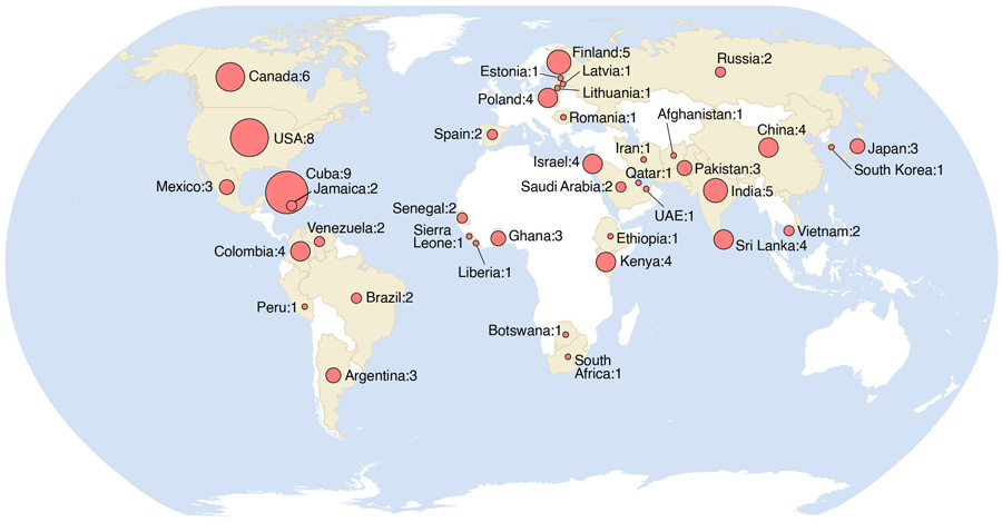 Figure 1. A map of the subject countries of the twentieth century national atlases included in Short’s bibliography (159). Map by Zhaoxu Sui.