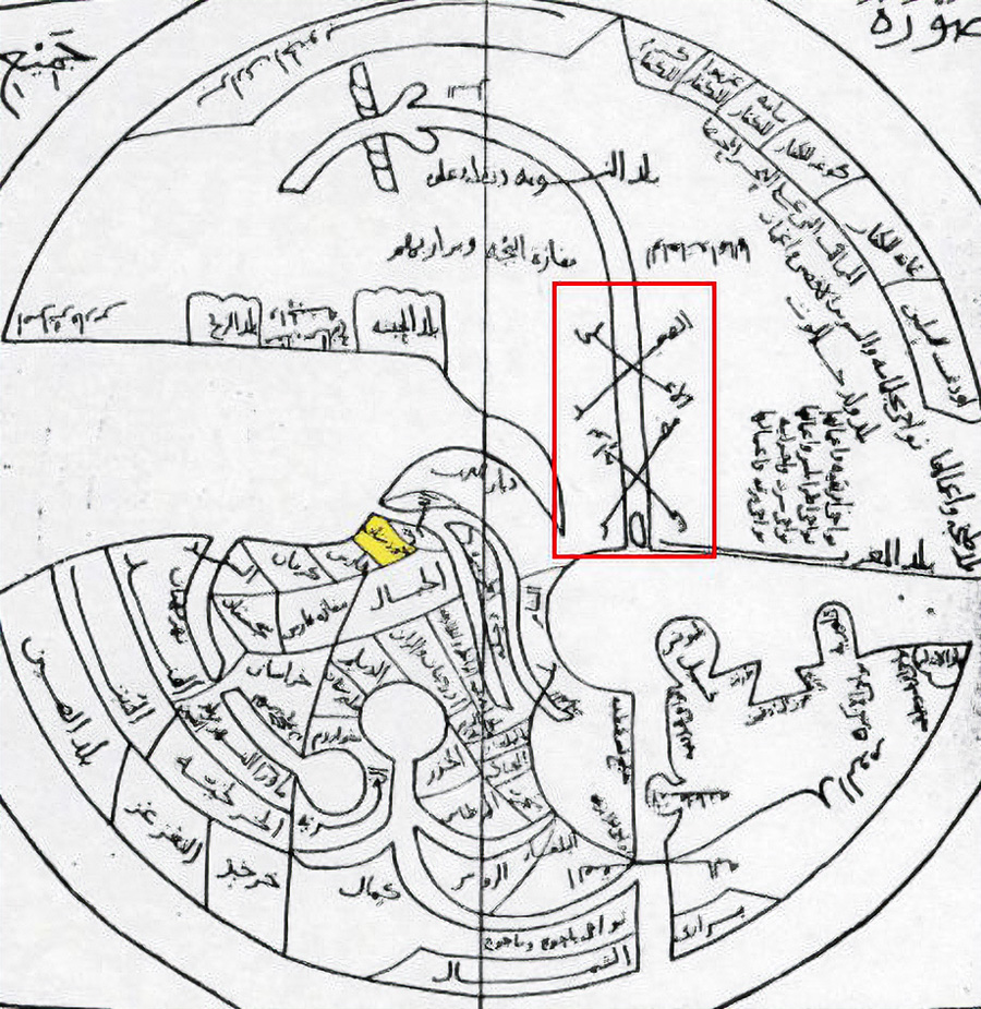 Figure 1. Ibn Hawqal Map, tenth century. Some of the kashida-justified labels are shown across the River Nile in the red box of the figure. From the National Museum of Iran Library, via Wikimedia Commons.