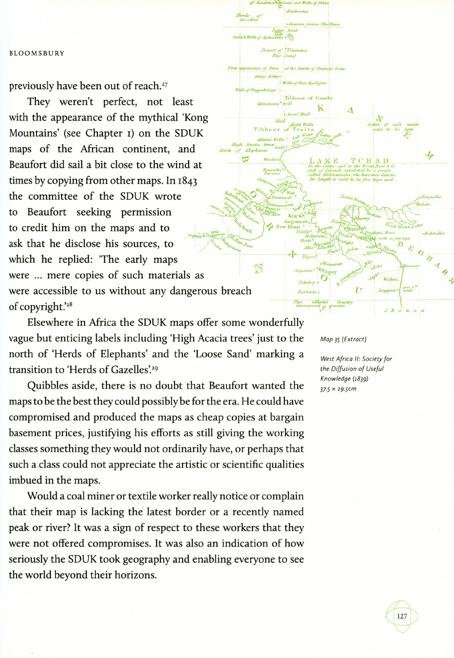Figure 1. A marginal map on page 127. The region around Lake Chad in central Africa as it was “known” by the Society for the Diffusion of Useful Knowledge in 1839. Notice the labels for “herds of elephants” and where salt water lakes are “said” to be.