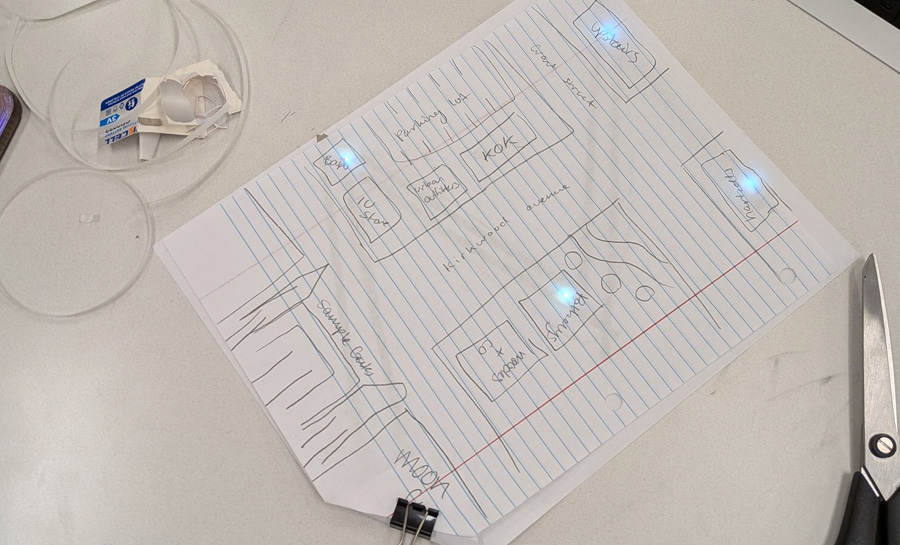 Figure 1. A student’s hand-drawn map of the Indiana University campus with specific locations illuminated.