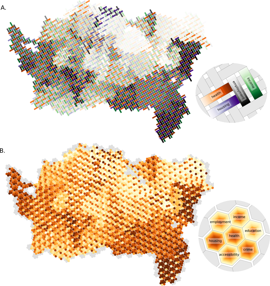 Figure 1. (A) Four deprivation indices in a basket weave pattern. (B) Seven indices of deprivation in a 7-colouring of hexagons. Both maps cover the centre city area of Auckland, New Zealand. Legends show which elements in the tiling correspond to various aspects of deprivation and the associated colour ramp, from lighter colours for less deprived to darker colours for more deprived.
