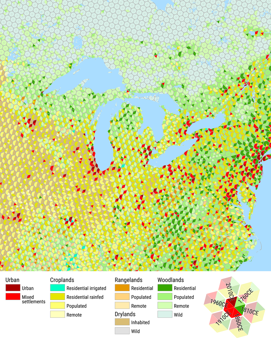 Figure 2. Anthropogenic biomes mapped at six different moments in time in the northeast of the North American continent. This data and the associated colour categories are from Ellis et al. (2021).