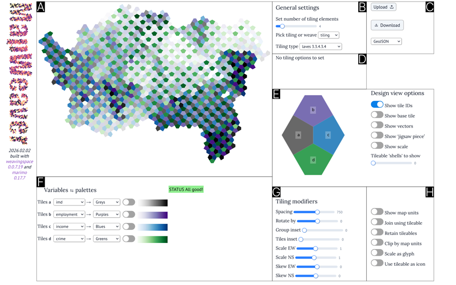 Figure 3. The MapWeaver web app, with each area of the interface marked: (A) map view, (B) tileable unit setup, (C) upload/download options, (D) tile or weave type specific options, (E) tileable unit design view and options, (F) variable and palettes selection, (G) modifiers controlling the tileable unit, and (H) further options for how tiling overlay should be applied.