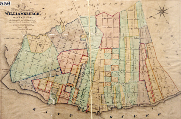 Figure 3. “Map of the village of Williamsburgh, Kings County: as laid out by the Commissioners appointed by the Legislature in 1827: reduced from the large map in possession of the Trustees of the Village.” D. Ewen. 1833. Brooklyn Historical Society Map Collection.