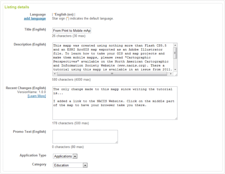 Figure 8. Required details for listing in the Android Market.