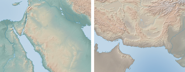 Figure 1. Conventional hypsometric tints (left) use a green lowland tint everywhere, suggesting that southwest Asia is lush (shaded relief has also been applied). Cross-blended hypsometric tints (right) use varying lowland colors tailored to specific regional environments, in this case arid land.