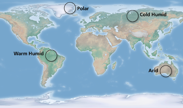 Figure 3. Cross-blended hypsometric tints combined with shaded relief on a world map. Lowland colors vary according to the generalized natural environment of world regions.