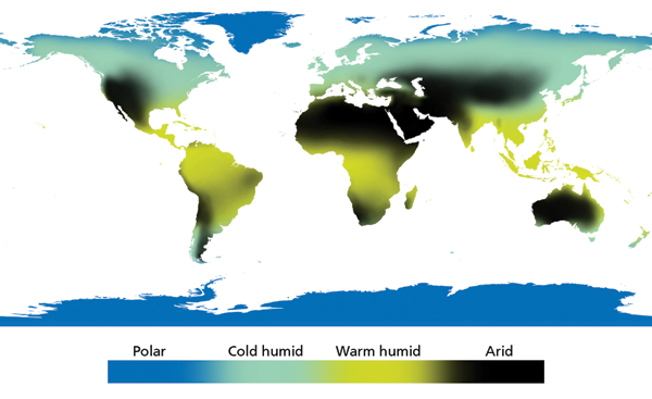 Figure 4. The generalized environment zones depicted with false colors
used to create cross-blended hypsometric tints. The fuzzy edges of the zones emulate the transitions that occur naturally.