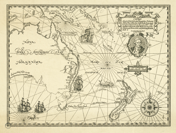 Figure 3. Map by James Emery for Kenneth Slessor’s poem Five Visions of Captain Cook. Both the poem
and illustration appear in Trio: A Book of Poems by Kenneth Slessor, Harley Matthews, Colin Simpson,
and Raymond Lindsay (Sydney: Sunnybrook Press, 1931). Emery’s map traces part of Cook’s historic
circumnavigation in the Endeavour and bears the title: Chart of part of the Celebrated Voyage thro. Vnknown
Austral Seas within the South Pacific Ocean, made by Captain Iames Cook in the years 1769–1770 together
with parts of the Routes traversed by Luiz Vaez de Torres, 1606, and Abel Iansz[oon] Tasman, 1642–3 [sic]. In
addition to its portrait of James Cook and a scale of statute miles, the map features fanciful details from early-
Modern charts—a compass rose, rhumb lines, wind-blowing heads, sailing ships, sea monsters, landfalls, and
local interests (kangaroos and aboriginal hunters). Reproduced with permission of the Mitchell Library.