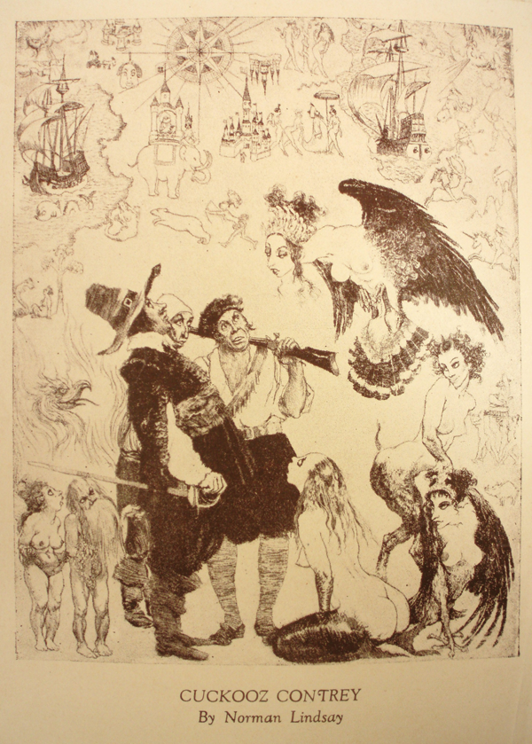 Figure 4. Frontispiece by Norman Lindsay. The sole illustration for Kenneth
Slessor’s Cuckooz Contrey (Sydney: Frank C. Johnson, 1932), Lindsay’s
Cuckooz Contrey is a reproduction of his etching Strange Lands (1932:
25.5 x 20.3 cm). Many of his favorite characters animate his image:
armed men and voluptuous harpies as well as a mermaid, faun, and
phoenix. What makes this image different from the rest of Lindsay’s work
is that his figures are standing on an old chart. Details demonstrate that
the illustration was intended to represent Slessor’s opening sequence, The
Atlas. © Lin Bloomfield, Odana Editions, Bungendore, NSW, Australia.