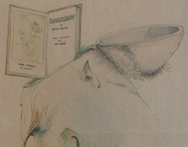 Figure 5. Detail of Hugh McCrae’s mounted drawing, dated Dec 1932,
congratulating Slessor on the publication of Cuckooz Contrey. A poet and
illustrator who admired Slessor’s work as much as Slessor admired his, McCrae
drew Cuckooz Contrey—open to its title page and Lindsay’s etching—as if it were
sticking out of his own perfectly bisected head. Below the drawing, he wrote:
Dear Ken—It has got into my head; and I can never get it out again. Don’t want
to…. All the congratulations in the world. H. McC (NLA MS 3020/27/1/17).
Reproduced with the permission of Mrs. Janet Hay and the Manuscripts Branch of
the National Library of Australia.