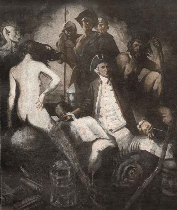  2. Illustration by Raymond Lindsay (the
second of Norman Lindsay’s sons) of Kenneth
Slessor’s poem Five Visions of Captain Cook.
Both the poem and illustration appear in Trio:
A Book of Poems by Kenneth Slessor, Harley
Matthews, Colin Simpson, and Raymond Lindsay
(Sydney: Sunnybrook Press, 1931). Lindsay
depicted Captain Cook as seated, compass
in one hand and an empty chart in the other.
Surrounding him are three sailors, Neptune, a sea
monster, and a mermaid astride the terraqueous
globe. Raymond’s signature appears on a scroll in
the lower left. Reproduced with the permission of
Rare Books and Manuscripts, Special Collections
Library, the Pennsylvania State University Libraries.